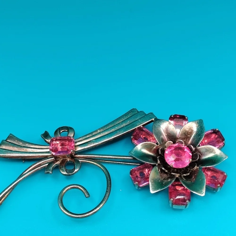 Vintage Oversized Sterling Silver & Pink Crystal Rhinestone Brooch 3